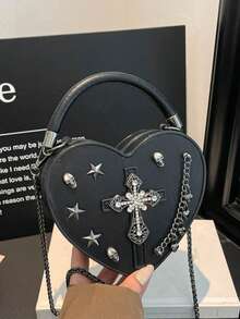 Women's Halloween Gothic Heart Mini Crossbody Bag, Y2K Punk Cross Skull Chain Handbag, Alt Style Party Evening Shoulder Bag - Black - View 12