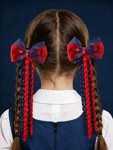 2/4PCS Double Layer Contrast Color Bow Hair Clips, Sweet Curly Satin Ribbon Tassel Alligator Hair Clips, Teenage JK School Style Hair Accessories - Multicolor - View 1