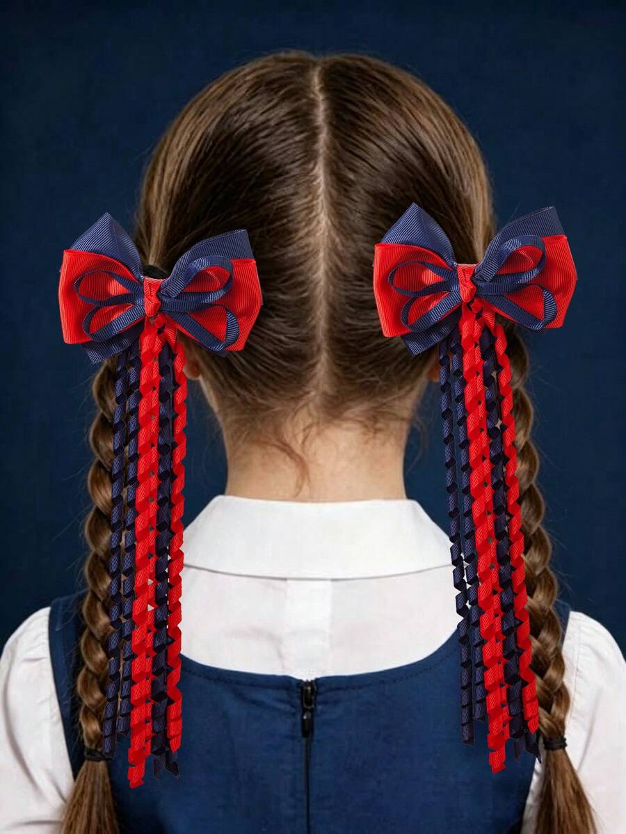 2/4PCS Double Layer Contrast Color Bow Hair Clips, Sweet Curly Satin Ribbon Tassel Alligator Hair Clips, Teenage JK School Style Hair Accessories - Multicolor - View 1