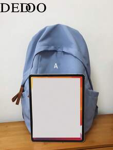 Dedoo Solid Color Canvas Zipper Large Capacity Multi-Pocket Lightweight Student Backpack, Suitable For Campus, Travel, Back To School Season For Students And Teenagers, Random Letter - Blue - View 5