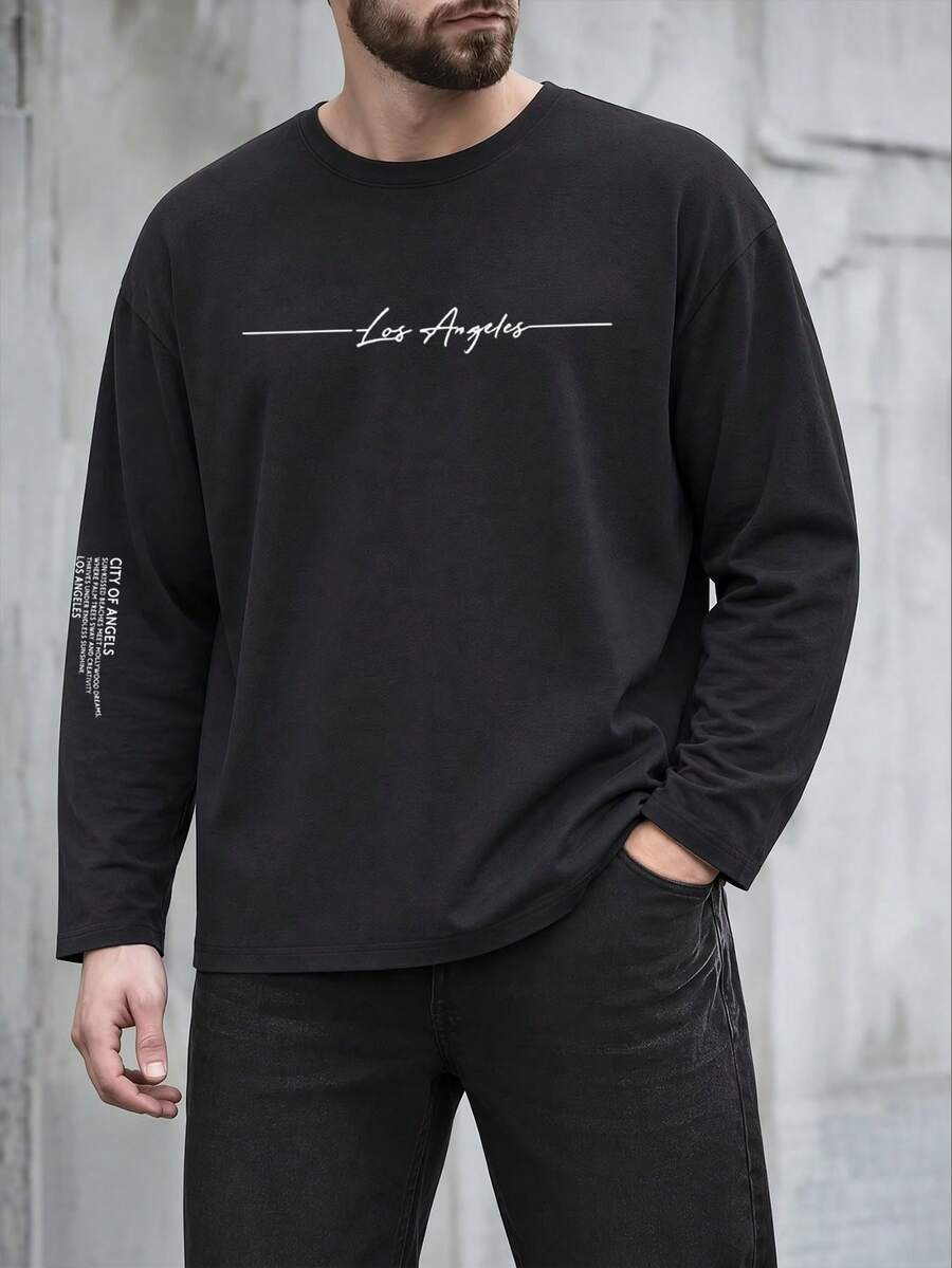 Men's Spring/Autumn Casual Versatile Line & English Print Crew Neck Long Sleeve T-Shirt - Black - View 1