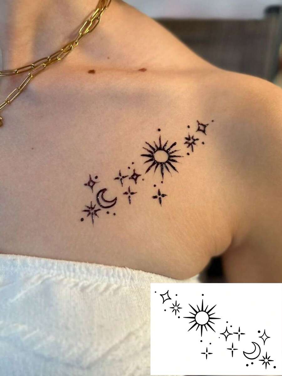 1張天體臨時紋身貼紙,太陽月亮星星細線仿真紋身,極簡占星防水紋身貼,適合女性,唯美肩部鎖骨身體藝術,聖誕派對萬聖節節慶度假配件 - 黑色 - 查看 1