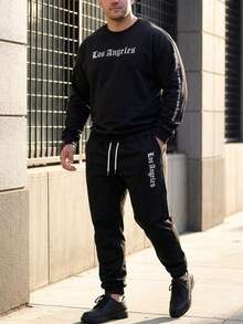 Men's Autumn/Winter Casual Comfortable Letter Print Crew Neck Sweatshirt & Sweatpants Set - Black - View 5