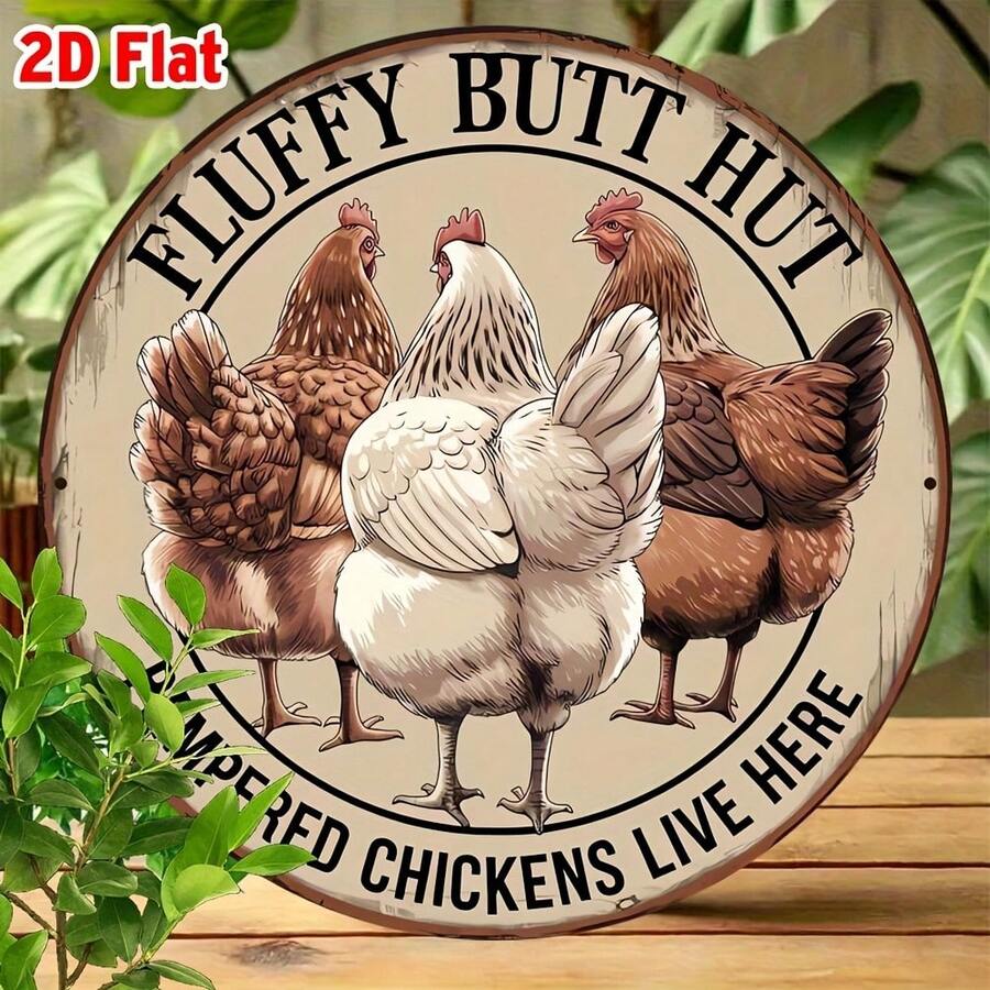 1pc Vintage Metal Sign, Featuring Fluffy Chicken Butt Cottage, 7.87 Inch Diameter, Designed For Country Farmhouse Decor, Barn And Expansion - A - View 1