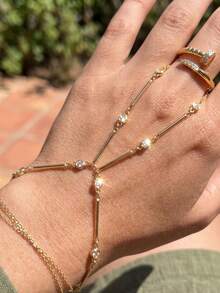 rundraw 2pcs Women's Bracelet & Ring Set, Gold-Tone Copper With CZ Inlay, Asymmetrical Design, Elegant Bracelet & Ring, Suitable For Wedding, Party, Date - Multicolor - View 4