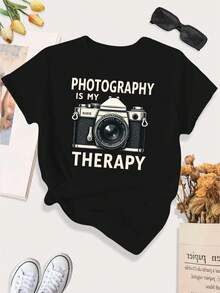 Women's Round Neck Short Sleeve Casual Tee, Relax Photo Print, Machine Washable Versatile Top For All Seasons Including Autumn Outfits - 黑色 - 查看 10