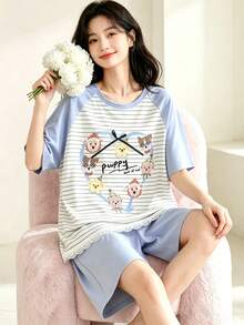 AICJ Comfortable Women's Striped Cute Cat Dog Letter Print Pajama Set - Short Sleeve Crew Neck Pullover Top[T-Shirt]And Lace Patchwork Shorts Knit Fabric Spring Summer - Casual Loose Fit Maternity Wear Home Loungewear 2-Piece Set - Baby Blue - View 5