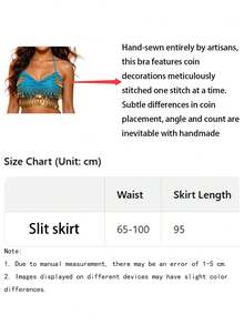 V Neck Halter Multi-Layer Coin Pendant Crop Top Glossy Satin Asymmetric Side Slit Dance Maxi Skirt (Multiple Colors Available) - Multicolor - View 9