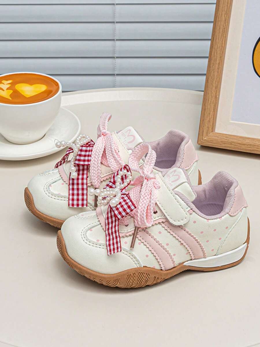 1 Pair Girls' Gentle Style Casual Shoes, Delicate Plaid Bow, Suitable For School Activities And Family Outings - Pink - View 1