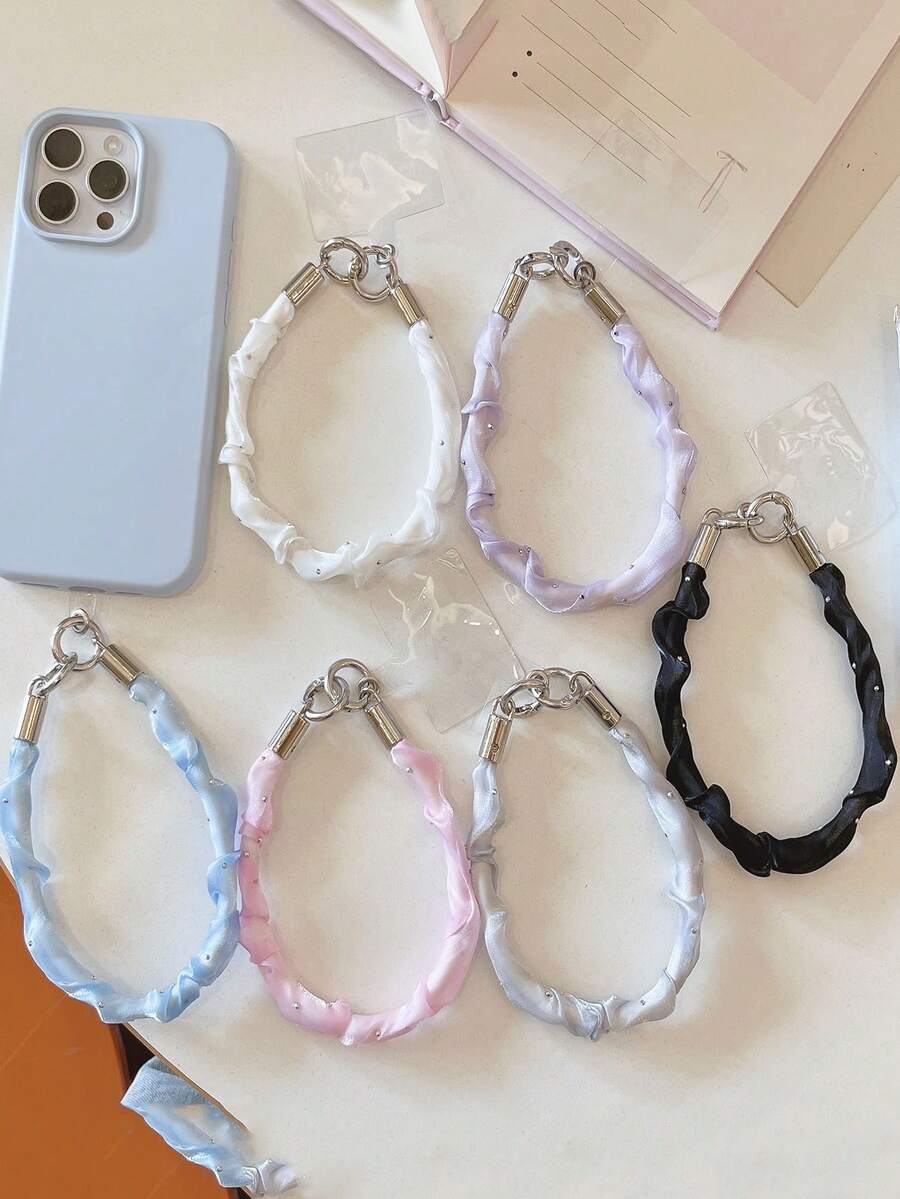 1 buah Tali Pergelangan Tangan Ponsel dari Kain Satin Berlipit, Tali Ponsel Pendek dengan Hiasan Berlian Imitasi dan Patch Tipe T, Tali Genggam Anti-Hilang untuk Smartphone - MultiWarna - View 1