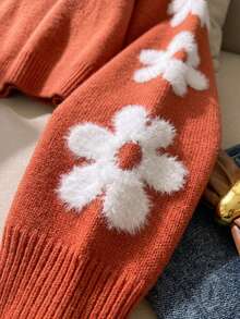 Tween Girls Cute Floral Short Knit Pullover Sweater, Long Sleeve, Suitable For Casual Wear In Spring And Autumn - Orange - View 5