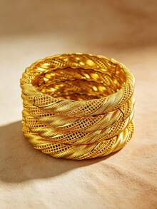 Gelang Motif Daun Berongga untuk Wanita, Gelang Manset Mewah Dubai Arab yang Dapat Ditumpuk, Perhiasan Retro Terbuka untuk Pesta Pernikahan, Set Gelang Tumpuk untuk Penggunaan Sehari-hari - Yellow Gold - View 2