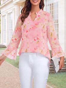 CheersLife Blus Jala Dua Lapis Fashion Wanita, Kemeja Lengan Mengembang dengan Rumbai 3/4 - Coral Pink - View 4