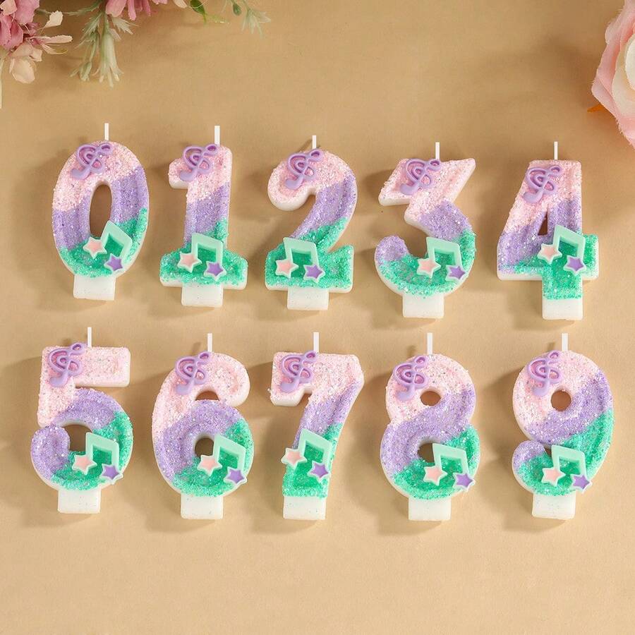 Music Symbol Pink, Green And Purple Multicolor Shiny Sequin, Musical Note Shaped Number Candles, Anniversary Candles, Souvenirs, Birthday, Holiday, Halloween, Party, Party Favors, Games, Party Candle Decorations And Supplies - Multicolor - View 1