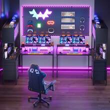 Devoko L-Shaped Gaming Desk With LED Lighting, Computer Desk With Hutch, 3 Fabric Drawers, Monitor Stand, Hooks And Metal Frame, Black/White - Black - View 3