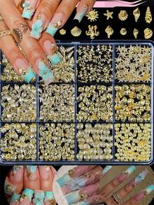 12格/盒 混色金屬金色貝殼海星海龜 3D 金色海洋系列合金美甲飾品 附粉色鑷子 美甲金色鉚釘套組 - 金色 - 查看 7