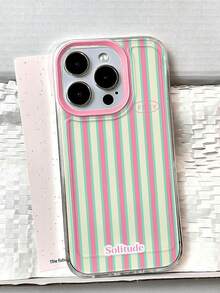 1pc Pink Green Vertical Stripe Solitude English Print Pink Large Window Transparent TPU Phone Case, Raised Camera Frame Full Coverage Shockproof Protective Shell, Compatible With All Apple Series, Fresh Dopamine Korean Ins Style - Clear - View 4