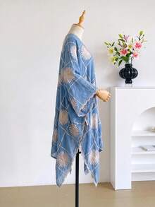1件女款優雅花卉刺繡開襟和服式圍巾/沙龍披肩，春夏波希米亞風外衣，海灘度假防曬罩衫，裝飾性刺繡開襟衫，適合日常穿著，完美禮物選擇 - 藍色 - 查看 3