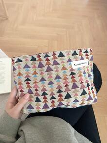 AGG,Colorful Triangle Print Makeup Bag For Women, Large Capacity Canvas Cosmetic Pouch, Portable Travel Zipper Toiletry Storage Organizer Bag - Multicolor - View 4