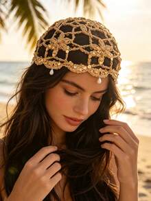 1 Stück Boho Häkel-Netz-Kopfkappe mit Pailletten-Perlen-Quasten, Damen gestrickte Blumen-Haarabdeckung, Vintage Bohemian Strandurlaub elegantes Haaraccessoire - Verschiedenfarbig - Übersicht 4