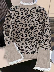 Women Casual Winter Crew Neck Contrast Lace Color Block Leopard Jacquard Knitted Sweater Sleeve Button Design Knit Top Daily - Apricot - View 9