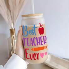 印有彩色「Best Teacher」字母的玻璃蘇打杯，附竹製蓋子與塑膠吸管，送給老師的可愛禮物 - 彩色 - 查看 7