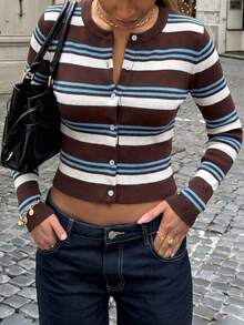 Live To Mo Women Y2K Retro Striped Cropped Cardigan,Color‑Block Fitted Waist Revealing Long Sleeve Knit Top For Fall Back To School, Date & Daily Wear - Brown and White Stripes - View 7