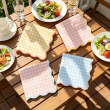 20pcs Macaron Color Wavy Edge Plaid Napkins, Suitable For Birthday Party, Bachelorette Party, Bridal Shower, Cute Theme Party, Wedding Dessert Table, Small Garden Party - Multicolor - View 6