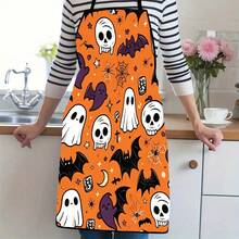 This Halloween-Themed Skull, Ghost And Bat Print Cooking Apron Is Perfect For Kitchen Parties, Durable And Easy To Clean, A Kitchen Essential. Suitable For Cooking, Baking, And Also As A Halloween Gift. - Multicolor - View 3
