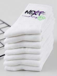 1/5 Pairs Random Men's White Graffiti Letter Mid-Calf Socks, Cool Multi-Slogan Print Breathable Skateboard Socks For Men And Women - Multicolor - View 4