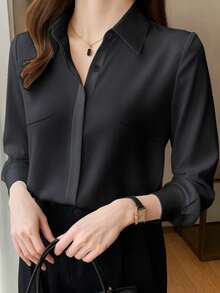 Plus Size Button-Up Long Sleeve Elegant Commuter Professional Shirt - Black - View 2