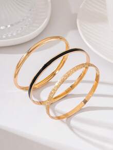 3pcs Fashion Versatile Metal Texture Oil Drop Enamel Bracelet Set For Women, French Vintage Summer Minimalist Beach Vacation Daily Wear - Geometry - View 4