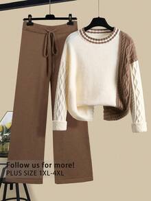 Setelan 2 Potong Sweater Rajut Leher Bulat Warna-warni untuk Wanita Ukuran Plus + Celana Panjang, Pakaian Kasual Elegan Lengan Panjang, Cocok untuk Musim Gugur - Khaki - View 1