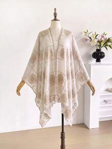 1pc Elegant Floral Embroidered Split Kimono/Sarong Shawl For Women, Bohemian Style Spring/Summer Beach Vacation Sun Protection Cover-Up, Decorative Embroidered Cardigan, Suitable For Daily Wear, Perfect Gift Choice - Beige - View 4