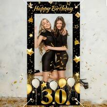 1件裝黑金生日主題相框，Happy Birthday風格派對拍照道具，生日派對裝飾，生日禮物派對小禮品，生日裝飾背景，生日橫幅，附隨機緞帶方便安裝與懸掛 - 生日橫幅 - 查看 2
