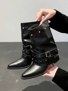 Rivet Buckle Ruched Stacked Western Mid-Calf Boots Plus Size Women's Pointed Toe Fashion Boots - Black - View 2