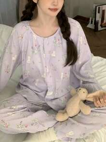 2pcs/Set Women's Pajamas Spring Autumn Long Sleeve Long Pants Sleepwear Skin-Friendly Home Wear Cute Cat Print Button-Up Set - Lilac Purple - View 2