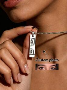 Custom Engraved Photo Bar Necklace, Personalized Eye Portrait Image Pendant, 18K Gold Plated Stainless Steel Square Chain, Emotional Jewelry Gift - Silver Sculpted Eyes - View 1