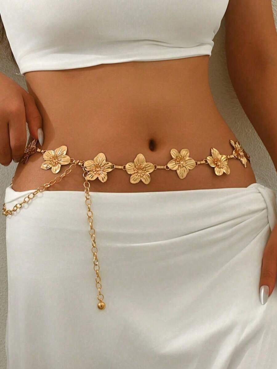 1件女款金色花朵腰鍊,波希米亞風可調節身體鍊,夏季海灘比基尼飾品 - 金色 - 查看 1