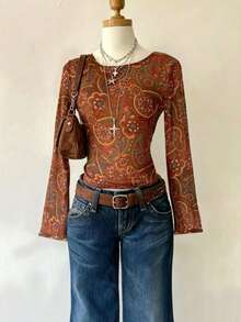 Atasan Vintage Motif Bunga Paisley Merah-Cokelat, Jaring Transparan, Leher Bulat, Pinggang Terikat, Lengan Panjang Berkerut, Potongan Ruffle, Mode Baru untuk Liburan Musim Semi, Gugur, Musim Dingin - Merah - View 1