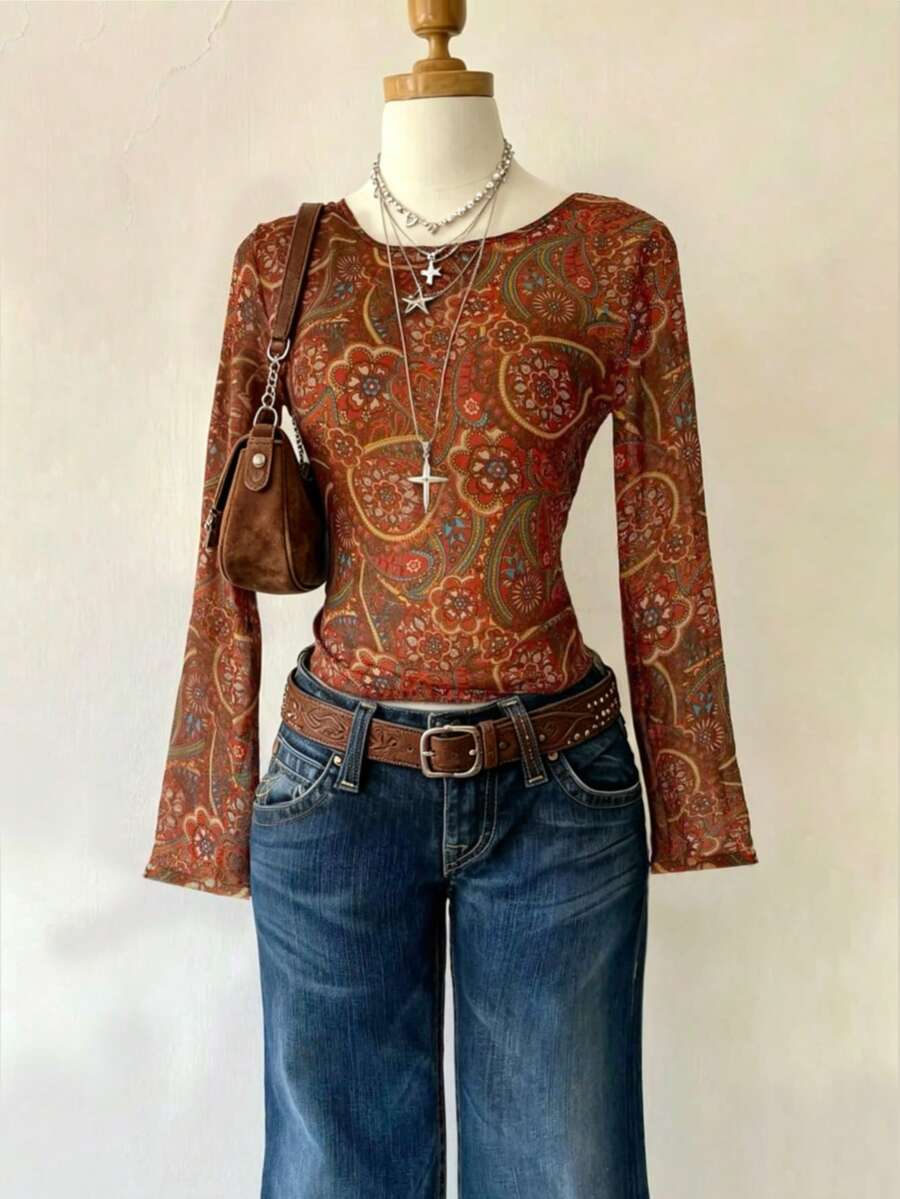 Atasan Vintage Motif Bunga Paisley Merah-Cokelat, Jaring Transparan, Leher Bulat, Pinggang Terikat, Lengan Panjang Berkerut, Potongan Ruffle, Mode Baru untuk Liburan Musim Semi, Gugur, Musim Dingin - Merah - View 1