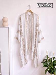 1件優雅花卉刺繡開襟和服式圍裙，波希米亞風春夏海灘罩衫，防曬裝飾刺繡女款開襟衫，適合日常穿著，完美禮物選擇 - 白色 - 查看 1