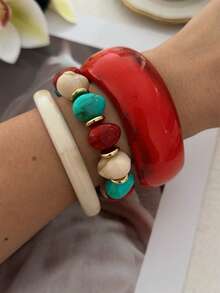 Vintage Acetate Resin Wide Bangle Bracelet For Women, European And American Solid Color Marble Pattern Wide Cuff, French Vintage Aesthetic Outfit Accessory - Multicolor - View 6