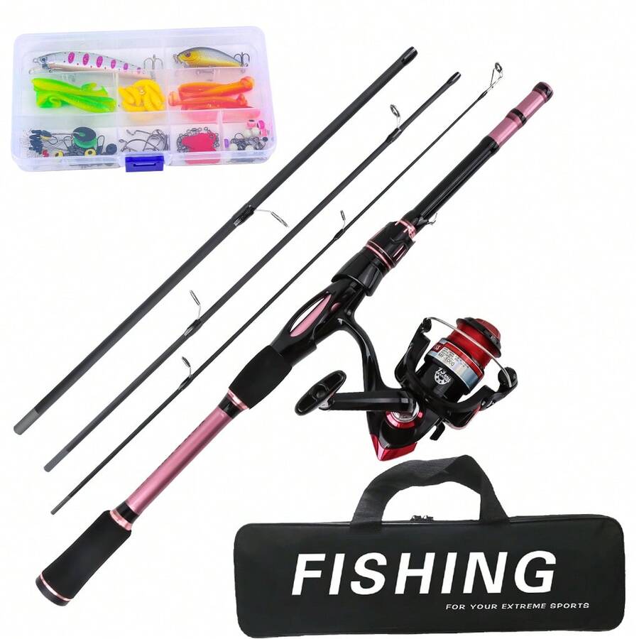 KecchKrezing 4-Section Carbon Fiber Straight Handle Fishing Rod & Spinning Reel Set, Pre-Spooling Reel, Complete Fishing Tackle With Multiple Lures And Hooks, Beginner To Advanced Universal Lake & River Bass Fishing Gear, With Carrying Storage Bag