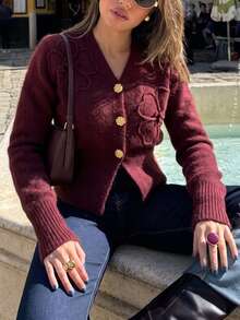 Women's Burgundy V-Neck Long Sleeve Sweater With Gold Buttons, Fashionable Autumn Cardigan, Regular Fit - Burgundy - View 5