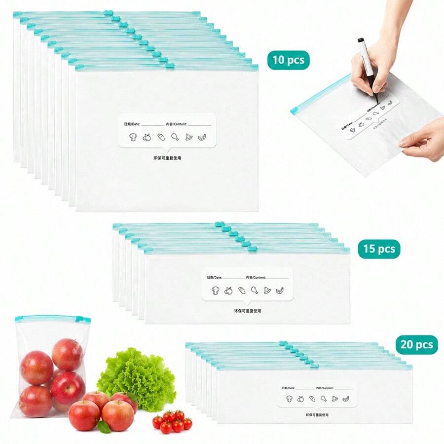 45入可重複使用密封食物儲存袋（10個大號 + 15個中號 + 20個小號），加厚冷凍袋，可微波，藍色，適用於長期食物保存與收納，透明PE夾鏈袋，適合廚房食物分類、零食儲存、蔬果分類，保持食材新鮮，居家必備儲存袋