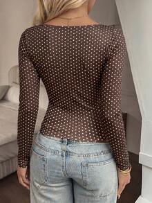SCARLUX Autumn Y2K Brown Polka Dot Square Neck Slim Fit Long Sleeve Top, Basic Style, Suitable For Back To School, Business And Casual Vacation - Brown - View 11