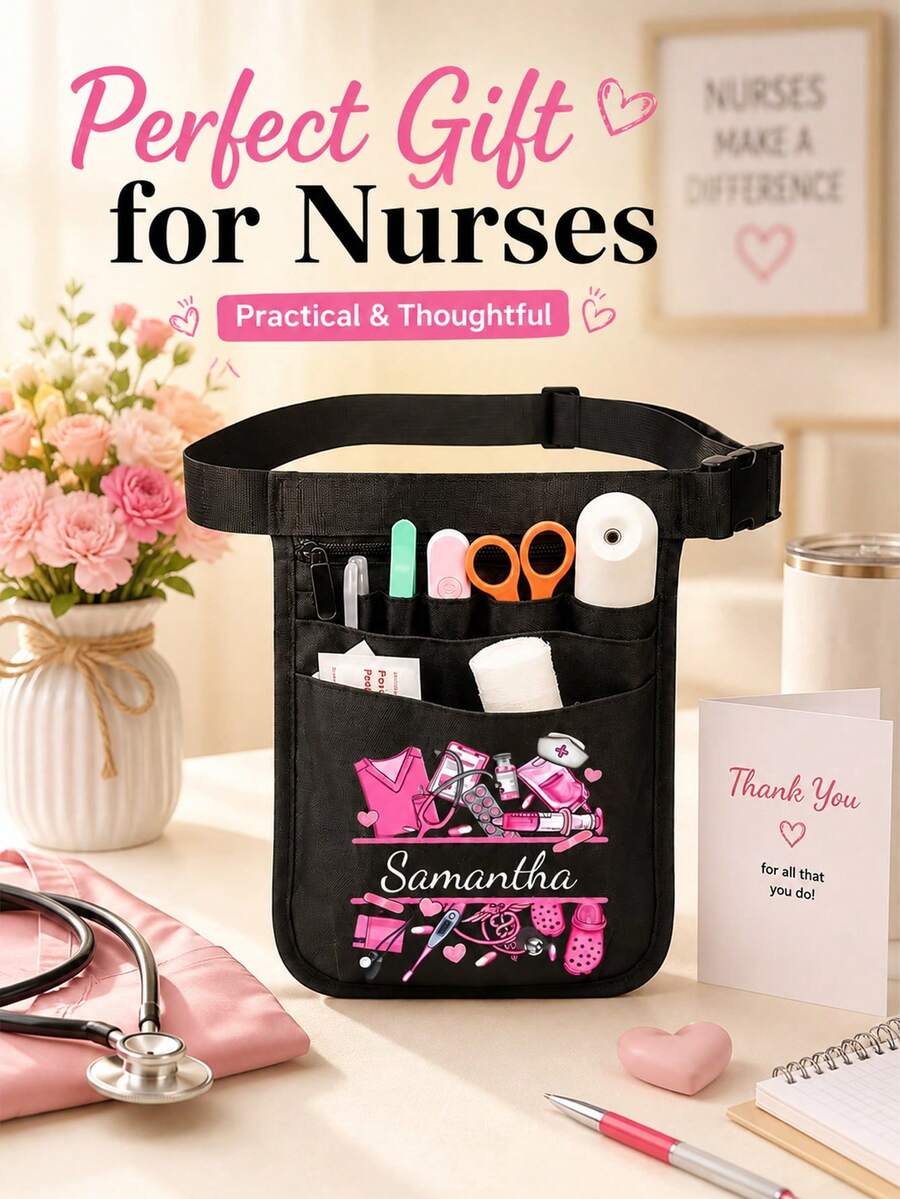Customizable Personalized Nurse Waist Pack – Cute Pink Tool-Print Organizer Pouch – A Perfect Thank-You Or Work Gift For Healthcare Professionals - Multicolor - View 1
