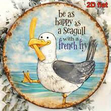 2D Flat Round Iron Sign 8 Inch, "Happy Like A Seagull With Fries" Funny Animal Decorative Plaque, Suitable For Decorating Beach House, Kitchen, Restaurant, Cafe, Bar, Farmhouse, Pre-Drilled Holes, Style As Shown In Size Chart - Multicolor - View 4