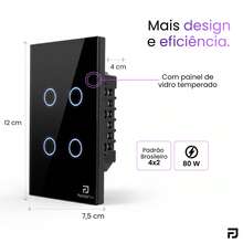 Interruptor Inteligente Touch 1,2,3 E 6 Botões Teclas 4x2 e 4x4 Alexa Wifi Smart Life Tuya Panda Plus Controle de Voz Bivolt Automação - Preto 4 Botões - Visão 11